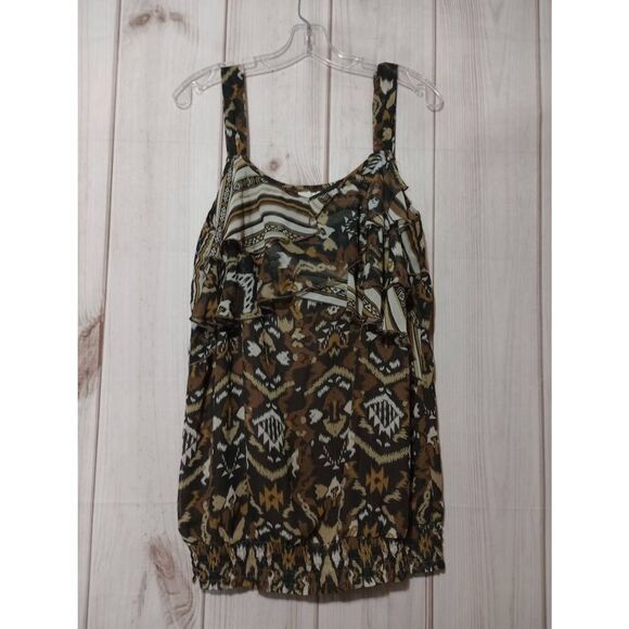 Ruffled Sleeveless Top Brown Aztec Print Blouse Sleeveless Casual Tank - Picture 1 of 7